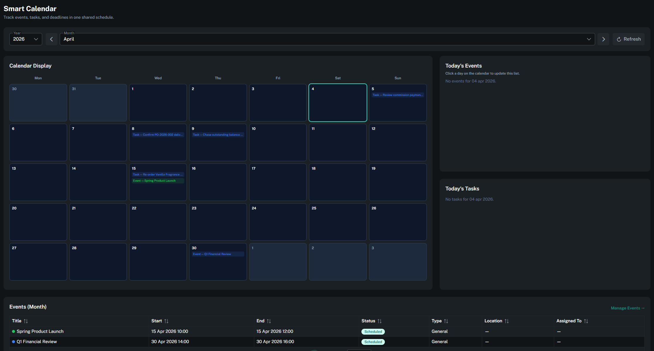Smart calendar with tasks and events in one monthly view