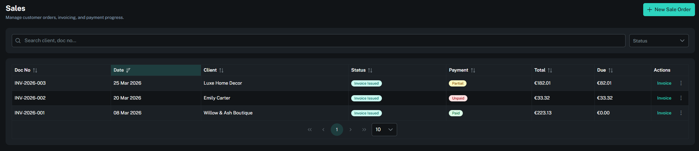 Sales order list with payment status tracking